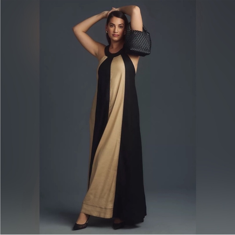 Maeve Elegant Black and Tan Maxi Dress